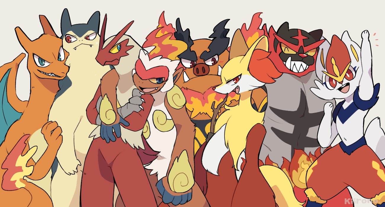 arm_up blaziken blue_eyes charizard cinderace colored_sclera crossed_arms delphox emboar fangs fiery_tail furry grey_background infernape kiirono looking_at_viewer no_humans one_eye_closed open_mouth pokemon pokemon_(creature) red_eyes sharp_teeth signature simple_background sweat tail teeth tusks typhlosion yellow_sclera