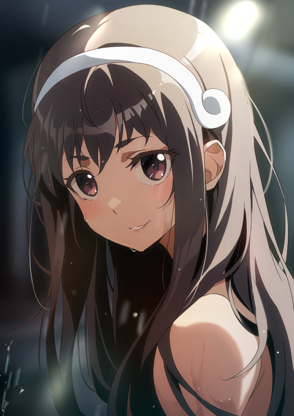 1girl alternate_hairstyle bare_arms bare_shoulders blurry blurry_background depth_of_field from_side gesugesu_ahoaho hachikuji_mayoi hair_down hair_ornament hairband light_smile long_hair looking_at_viewer monogatari_(series) nude outdoors rain red_eyes solo thick_eyebrows wet wet_hair white_hairband