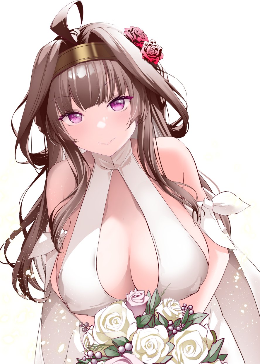 1girl ahoge bouquet breasts brown_hair cleavage double_bun dress flower gold_hairband hair_bun hair_flower hair_ornament hairband highres kantai_collection kirigakure_(kirigakure_tantei_jimusho) kongou_(kancolle) large_breasts leaning_forward official_alternate_costume purple_eyes red_flower red_rose rose simple_background solo white_background white_dress white_flower white_rose