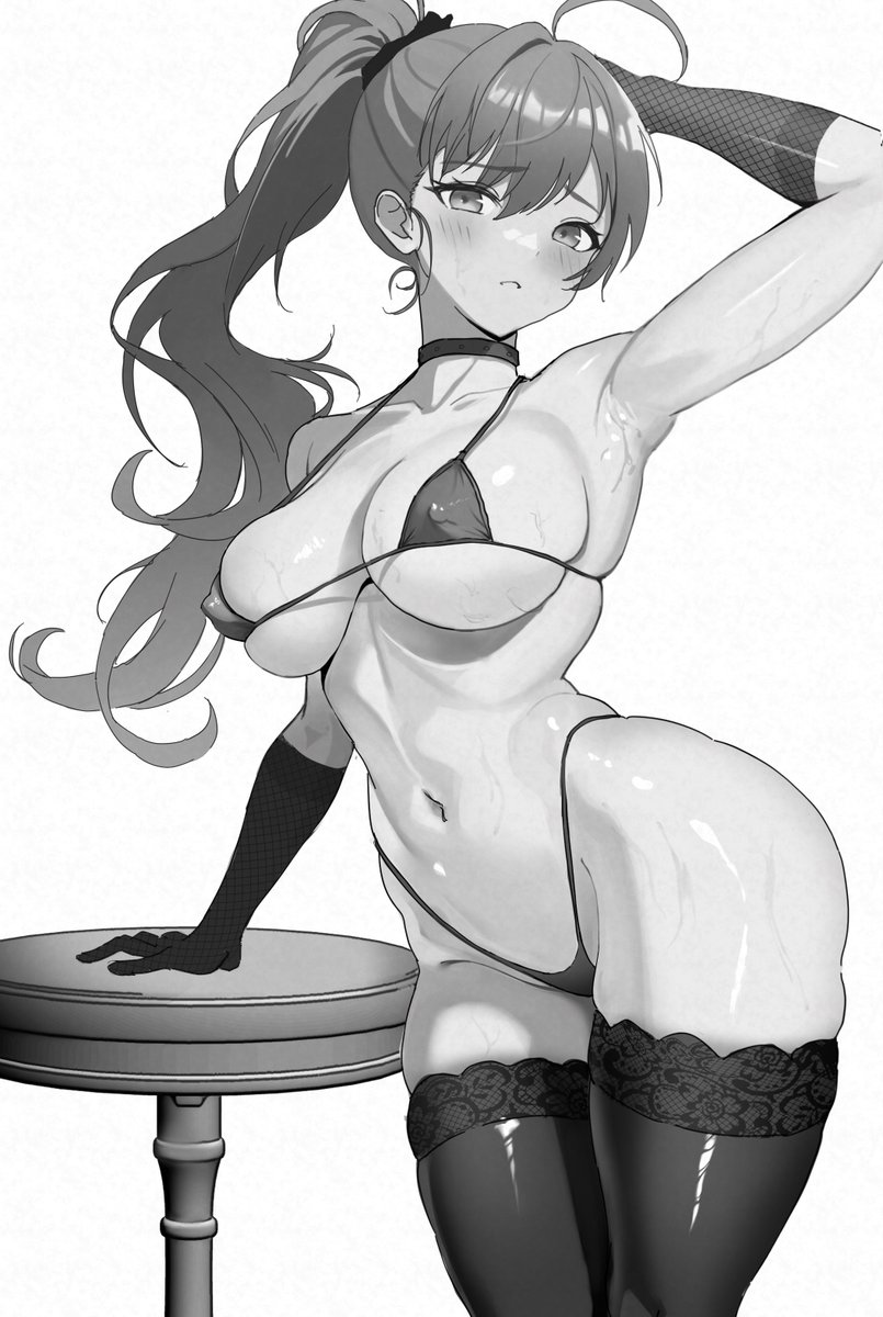 arm_behind_head arm_support arm_up armpits bikini blush breasts choker closed_mouth collarbone commentary covered_nipples dolla_(nikke) embarrassed gloves goddess_of_victory:_nikke greyscale highres horai_sennkyo long_hair micro_bikini monochrome navel ponytail simple_background skindentation swimsuit thighhighs thighs white_background