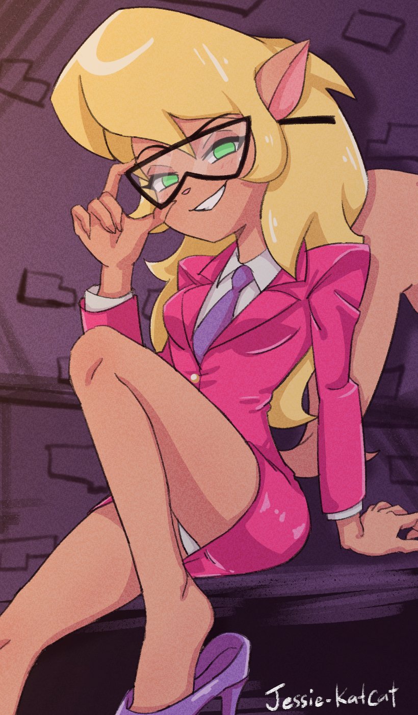 2022 anthro blonde_hair callie_briggs clothing domestic_cat eyewear felid feline felis female footwear fur glasses green_eyes grin hair hanna-barbera hi_res high_heels jessie-katcat_(artist) looking_at_viewer mammal necktie panties panty_shot shoe_dangle sitting sitting_on_desk smile solo swat_kats tan_body tan_fur underwear