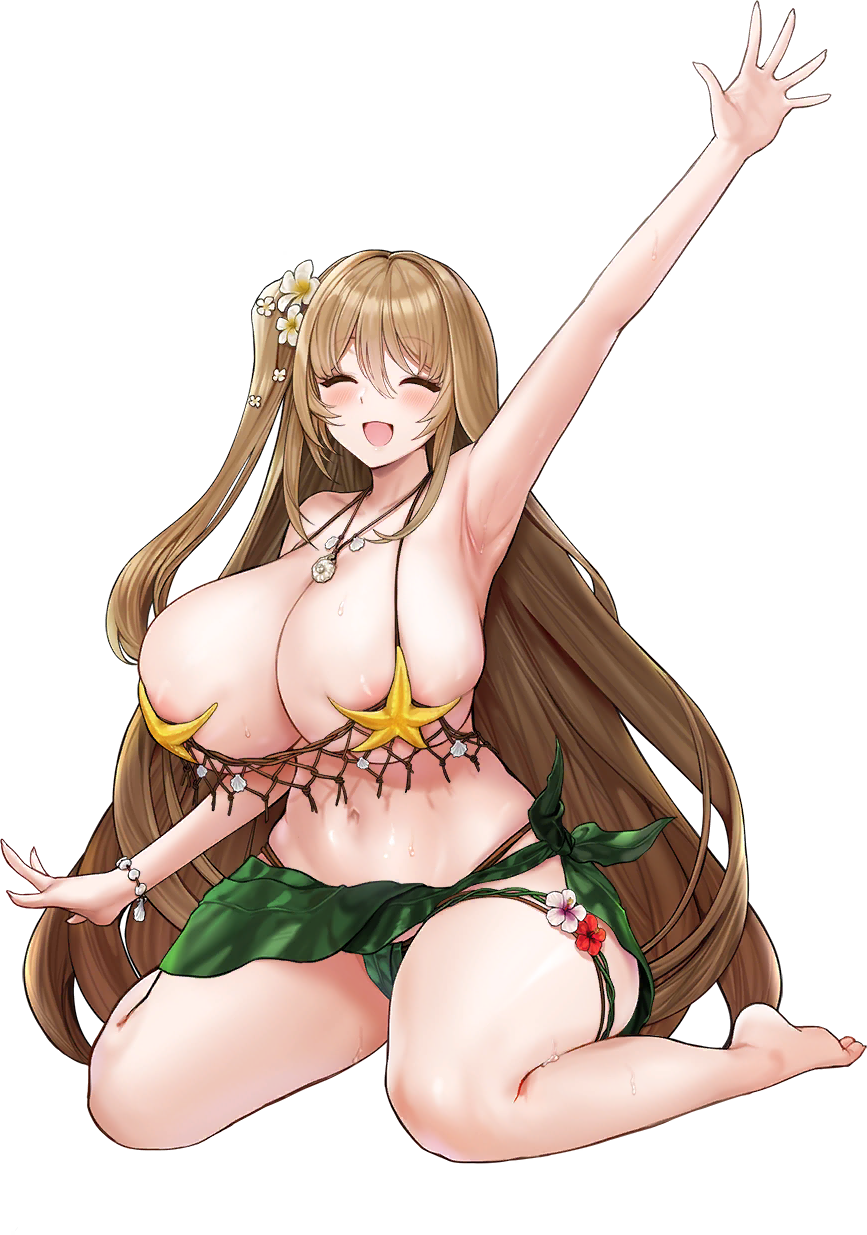 05565 1girl areola_slip arm_up armpits barefoot bikini blonde_hair breasts cleavage closed_eyes collarbone flower flower_thigh_strap fundoshi hair_between_eyes hair_flower hair_ornament highres huge_breasts japanese_clothes jewelry kelp last_origin leaf_bikini long_hair looking_at_viewer navel necklace net official_alternate_costume official_art one_side_up open_mouth pink_flower red_flower salacia_(last_origin) sarong seashell seashell_bracelet seaweed shell shell_necklace simple_background sitting skindentation smile solo starfish_bikini string_bikini sweat swimsuit tachi-e thigh_strap third-party_source transparent_background wariza waving white_flower yellow_flower