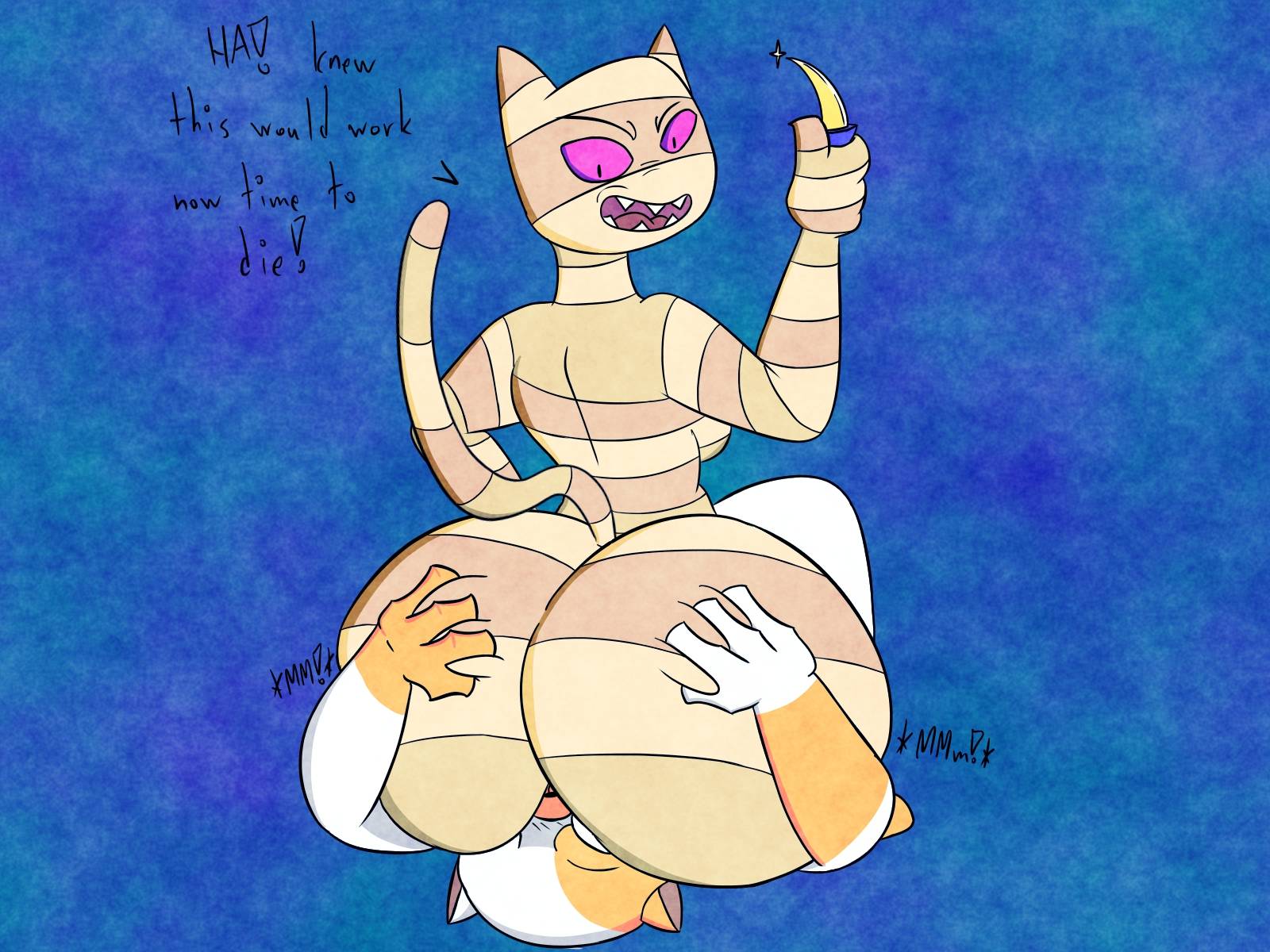 adventure_time anthro big_butt butt butt_grab cake_the_cat cartoon_network dagger domestic_cat duo facesitting felid feline felis female fur hand_on_butt hi_res mammal me-mow melee_weapon multicolored_body multicolored_fur mummy purple_eyes sitting_on_another text titaniumtonail two_tone_body two_tone_fur undead weapon