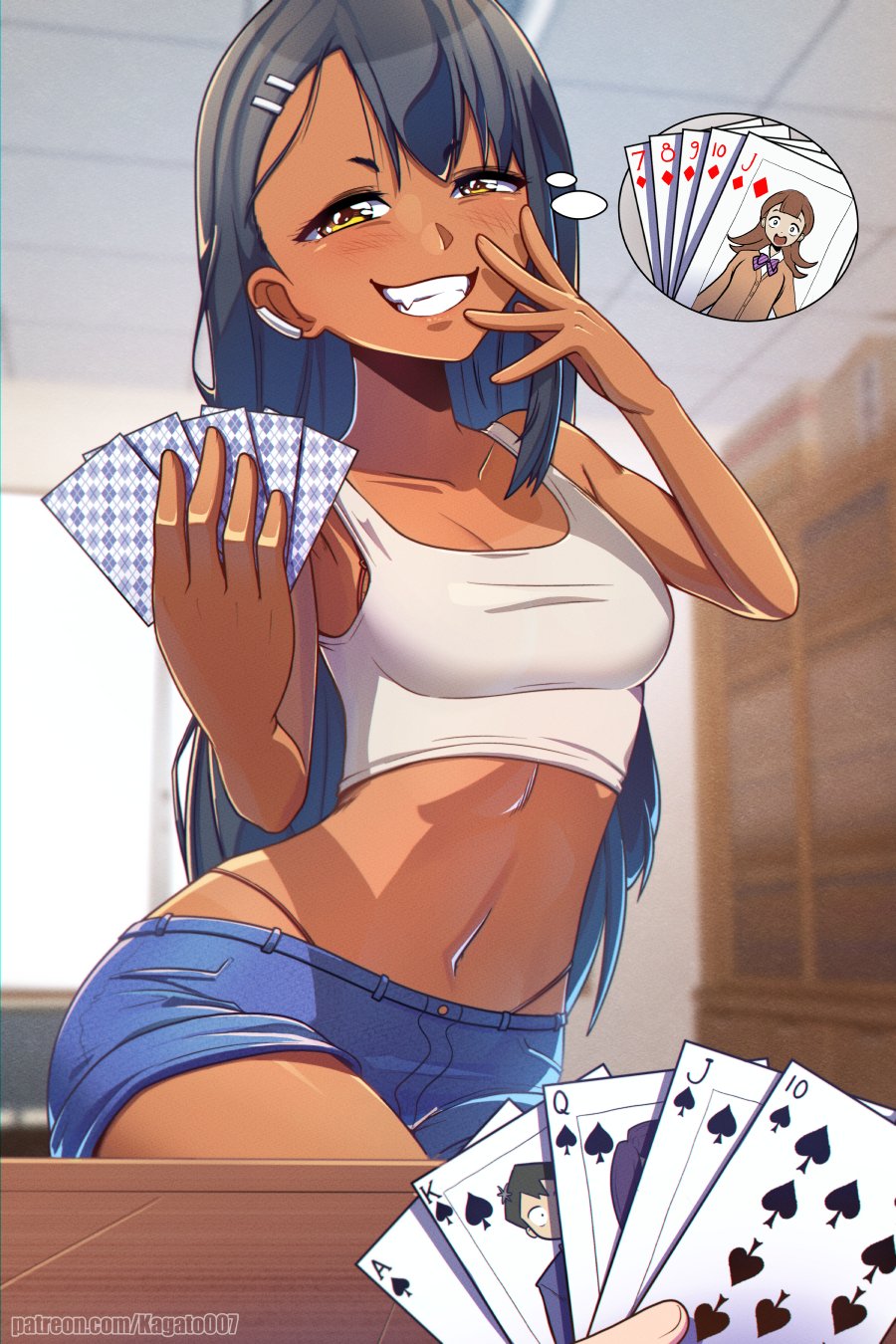 1girl 1other asymmetrical_bangs black_hair bra bra_peek breasts card clenched_teeth dark-skinned_female dark_skin denim denim_shorts fang grin hair_ornament hairclip hand_mouth highleg highleg_panties highres holding holding_card ijiranaide_nagatoro-san indoors kagato007 looking_at_viewer nagatoro_hayase navel panties panty_peek patreon_username playing_card poker pov royal_flush shorts small_breasts smile solo_focus string_panties tan tank_top tanlines teeth thighs underwear white_tank_top yellow_eyes