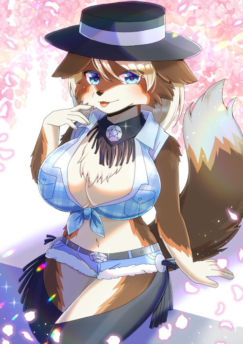 1girl :p animal_ears arm_support black_headwear black_pants blue_eyes blue_shirt blue_shorts breasts chaps cleavage closed_mouth collared_shirt commentary_request crop_top denim denim_shorts fringe_trim front-tie_top fur-trimmed_shorts fur_trim furry furry_female kou_hiyoyo large_breasts light_brown_hair long_hair navel original pants petals plaid plaid_shirt shirt short_shorts shorts sleeveless sleeveless_shirt smile solo tail tongue tongue_out