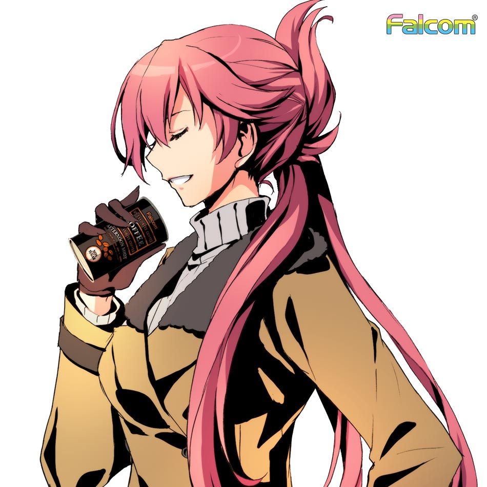 1girl can canned_coffee claieth closed_eyes coat eiyuu_densetsu falcom from_side fur_collar gloves holding holding_can long_hair official_art pink_hair ponytail portrait sara_valestein sen_no_kiseki simple_background solo sweater white_background