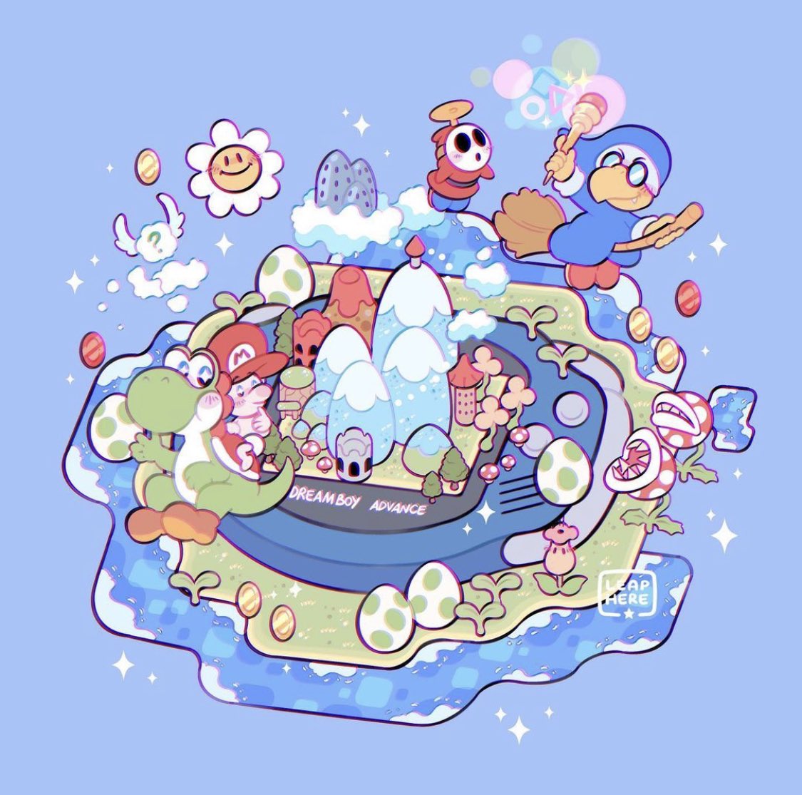 baby_mario blue_background broom broom_riding casting_spell coin commentary egg english_text floating flower flying game_boy_advance handheld_game_console holding holding_wand leaphere magikoopa mario_(series) mountain piranha_plant sharp_teeth shy_guy simple_background smile super_mario_world_2:_yoshi's_island teeth wand yoshi