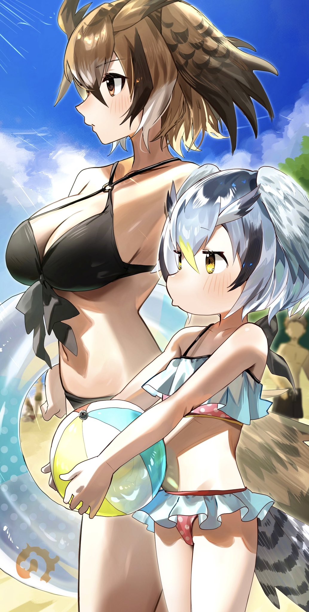 2girls ball bare_arms bare_shoulders beachball bikini bikini_skirt bird_tail black_bikini blue_sky breast_envy breasts brown_hair cloud commentary_request eurasian_eagle_owl_(kemono_friends) flat_chest frilled_bikini frills from_side front-tie_bikini_top front-tie_top grey_hair hair_between_eyes hakoneko_(marisa19899200) head_wings height_difference highres holding holding_ball holding_beachball japari_symbol_print kemono_friends large_breasts multicolored_hair multiple_girls northern_white-faced_owl_(kemono_friends) o-ring o-ring_bikini polka_dot polka_dot_bikini pout profile short_hair sky stomach sunlight swimsuit tail white_hair wings