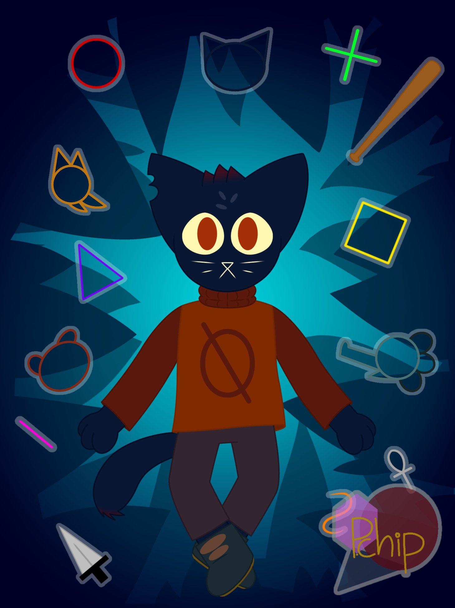 2019 ambiguous_gender anthro baseball_bat bat_(object) biped blue_body blue_ears blue_fur blue_hair blue_tail bottomwear brown_clothing clothing dagger domestic_cat felid feline felis female_(lore) footwear fur grey_clothing hair hi_res looking_at_viewer mae_borowski mammal melee_weapon night_in_the_woods orange_clothing pants paws potato_the_chip red_eyes red_hair shoes signature solo sweater tail topwear weapon