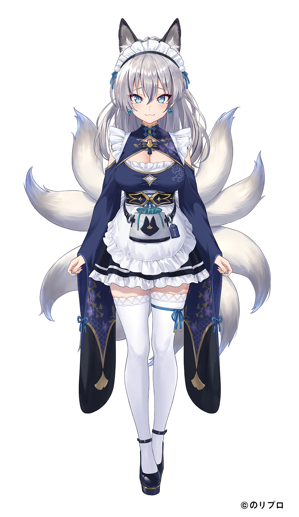 1girl :3 animal_ear_fluff animal_ears apron black_footwear black_skirt blue_bow blue_eyes blue_nails blue_ribbon bow breasts cleavage cleavage_cutout clothing_cutout copyright_name earrings extra_ears facial_mark floral_print fox_ears fox_girl fox_tail frilled_skirt frills full_body grey_hair guchico hair_between_eyes highres inari_iroha jewelry lolita_fashion long_hair looking_at_viewer maid maid_apron maid_headdress mary_janes medium_breasts miniskirt multiple_tails noripro obi official_art omamori pom_pom_(clothes) ponytail pouch red_eyeliner ribbon sash shoes simple_background skirt smile solo standing tachi-e tail thighhighs virtual_youtuber wa_lolita white_background white_thighhighs wide_sleeves zettai_ryouiki