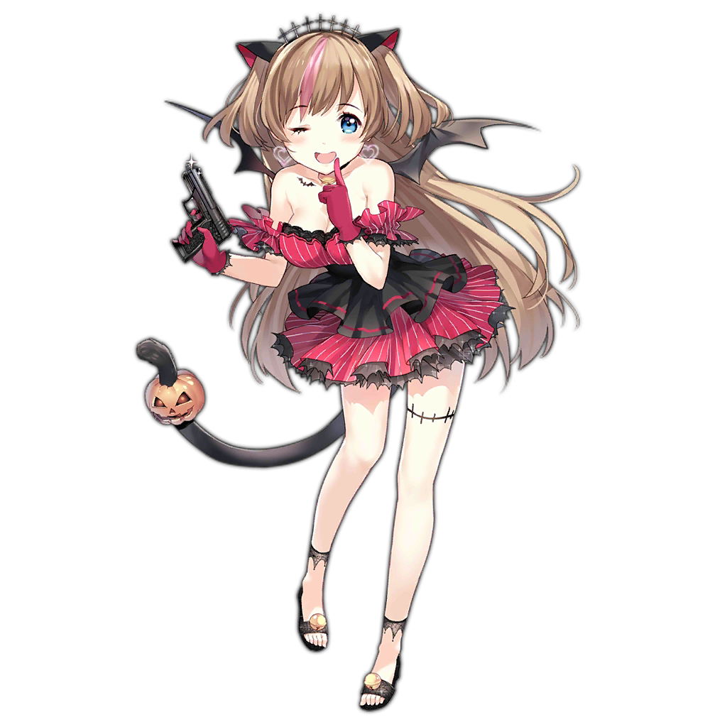 1girl ;d animal_ears bat_wings black_bra blue_eyes bra breasts brown_hair cat_ears cat_tail cleavage dress earrings full_body girls'_frontline gloves gun h&amp;k_mark_23 halloween handgun heart heart_earrings heckler_&amp;_koch holding holding_gun holding_weapon jewelry lace-trimmed_bra lace_trim large_breasts long_hair looking_at_viewer mk23_(girls'_frontline) mk23_(impish_sweetheart)_(girls'_frontline) multicolored_hair official_alternate_costume official_art one_eye_closed open_mouth pink_hair sandals sheska_xue skirt smile solo streaked_hair tail thighlet tiara toes transparent_background underwear weapon wings