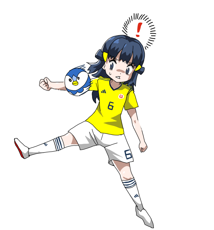 ! ball blue_eyes blue_hair colombia dawn_(pokemon) geruoureg kicking piplup pokemon shirt shorts soccer soccer_ball soccer_uniform socks sportswear sweatdrop white_background white_footwear white_shorts white_socks world_cup yellow_shirt