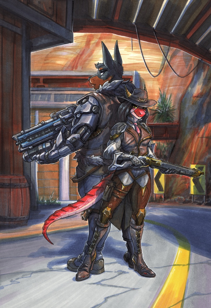 2023 adena_(ewgengster) anthro biped black_body black_fur black_hair blizzard_entertainment brown_body brown_fur canid canine canis clothing cole_cassidy cowboy_hat detailed_background dobermann domestic_dog dragon duo ewgengster_(artist) female fur gun hair hat headgear headwear horn mammal overwatch pinscher ranged_weapon red_body red_scales scales scalie soldier_76_(overwatch) tan_body tan_scales traditional_media_(artwork) weapon western_dragon wingless_dragon yellow_sclera