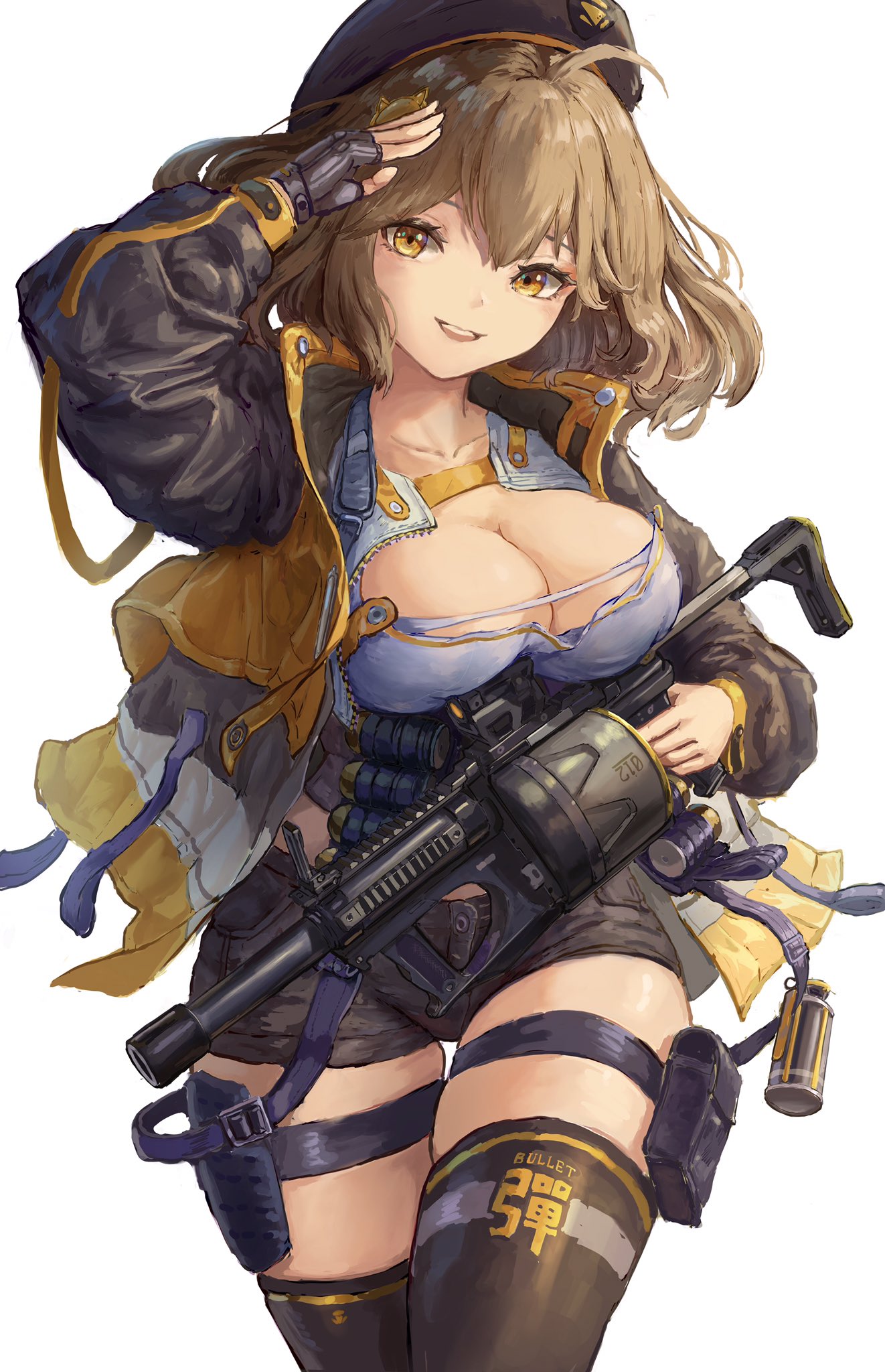 1girl ahoge anis_(nikke) bandolier beret black_headwear black_jacket black_shorts black_thighhighs blush breasts brown_eyes brown_hair cat_hair_ornament cleavage collarbone crop_top fingerless_gloves gloves goddess_of_victory:_nikke grenade_launcher grey_gloves hair_between_eyes hair_ornament hat highres jacket large_breasts long_sleeves looking_at_viewer midriff milkor_mgl navel open_clothes open_jacket open_mouth salute shirt short_hair short_shorts shorts sidelocks single_fingerless_glove skindentation smile solo standing tagoroku123 teeth thigh_strap thighhighs upper_teeth_only weapon white_shirt