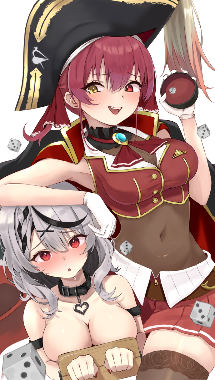 2girls arm_on_another's_head ascot belt_collar black_choker black_coat black_collar black_hair black_headwear black_thighhighs braid breasts choker cleavage coat collar covered_navel dice frilled_choker frills gloves grey_hair hair_ornament hair_ribbon hat heterochromia highres hololive houshou_marine houshou_marine_(1st_costume) large_breasts leotard leotard_under_clothes long_hair looking_at_viewer miniskirt multicolored_hair multiple_girls nail_polish open_mouth pirate_hat pleated_skirt red_ascot red_coat red_eyes red_nails red_ribbon red_skirt ribbon sakamata_chloe single_braid skirt smile streaked_hair teeth thighhighs tonton_utaro twintails two-sided_coat two-sided_fabric upper_teeth_only virtual_youtuber white_gloves x_hair_ornament yellow_eyes