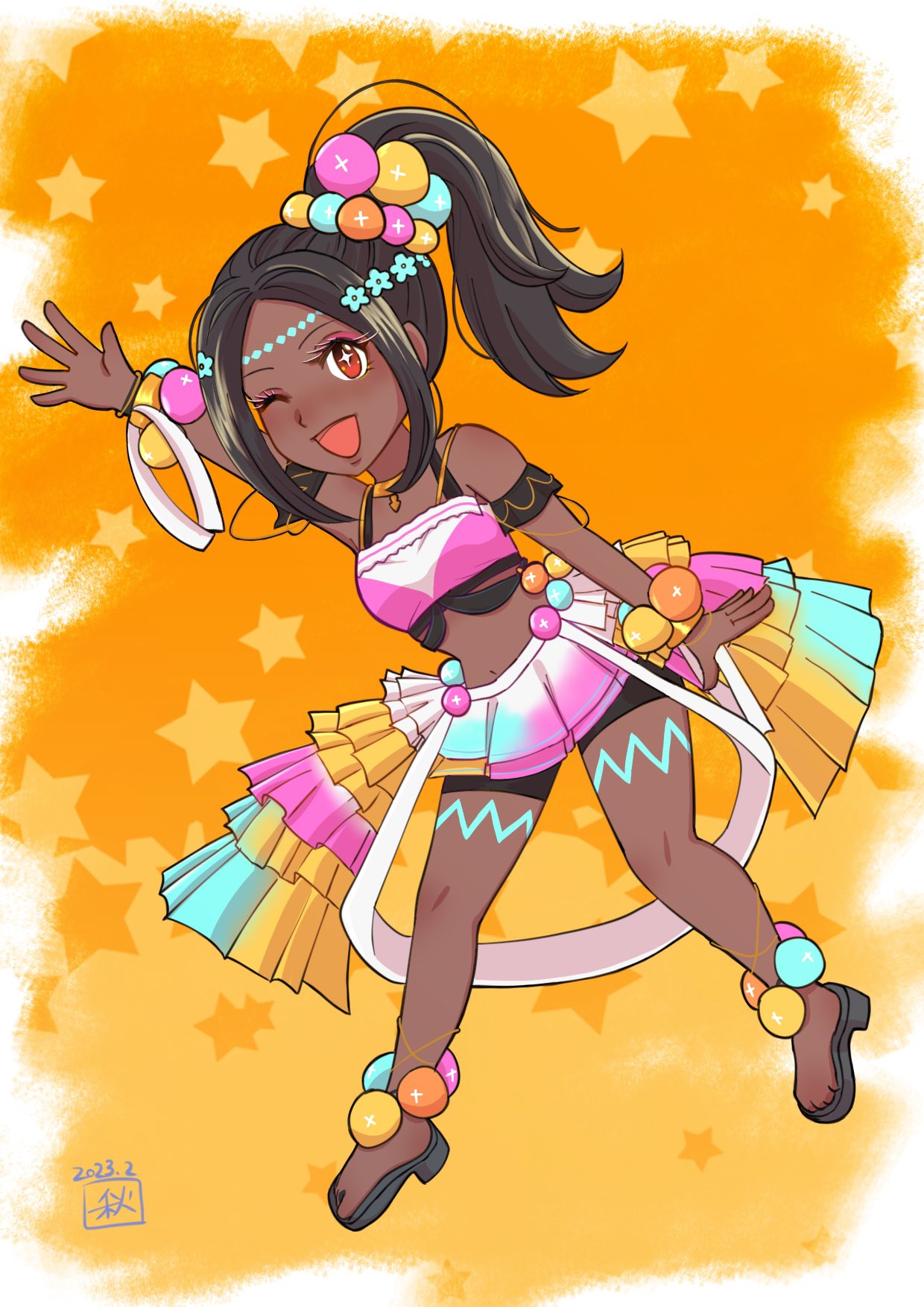 1girl atmgdptt bare_shoulders bracelet dark-skinned_female dark_skin fire_emblem fire_emblem_engage high_ponytail highres jewelry one_eye_closed open_mouth pearl_anklet pearl_bracelet pearl_hair_ornament sidelocks star-shaped_pupils star_(symbol) symbol-shaped_pupils timerra_(fire_emblem) toeless_footwear