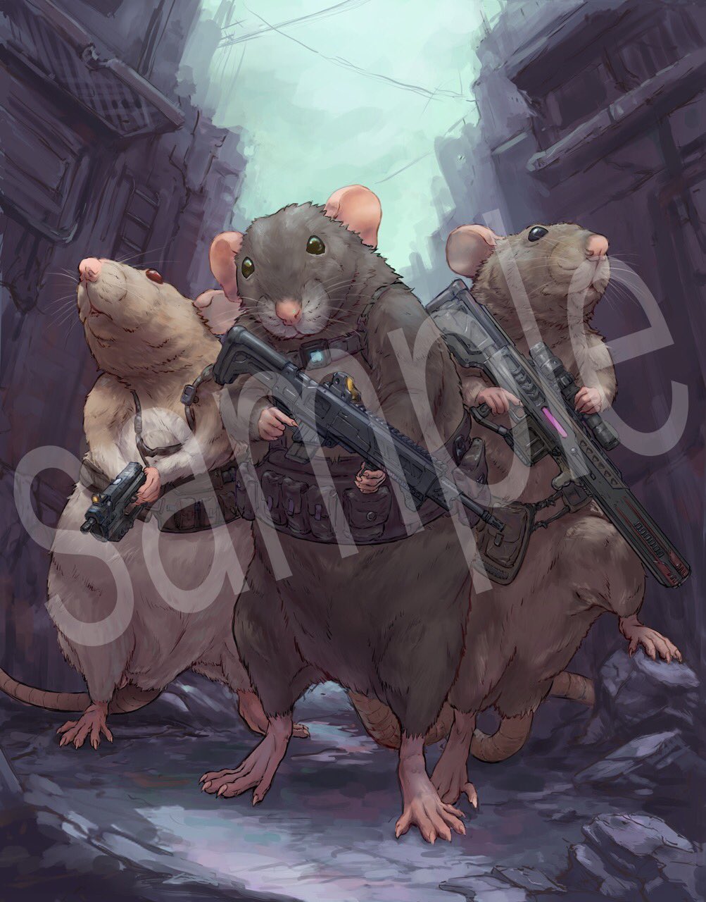 2023 5_toes biped black_eyes detailed_background distracting_watermark feet feral group hi_res mammal murid murine nejumipro outside pink_nose rat rodent sample toes watermark weapon