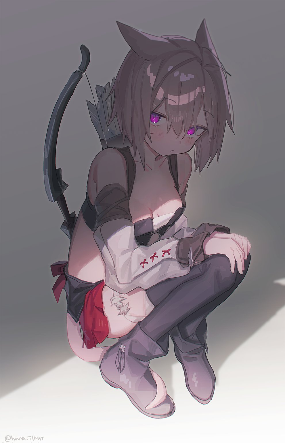 1girl animal_ears arrow_(projectile) avatar_(ff14) black_footwear black_thighhighs bow_(weapon) breasts cat_ears cat_girl cat_tail detached_sleeves final_fantasy final_fantasy_xiv full_body funa_(sakana) hands_on_own_knees highres light_brown_hair long_sleeves looking_at_viewer miniskirt miqo'te purple_eyes quiver red_skirt short_hair skirt small_breasts solo squatting tail thighhighs weapon