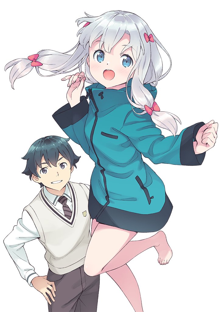 1boy 1girl aqua_jacket barefoot black_eyes black_hair blue_eyes bow brother_and_sister brown_necktie brown_pants commentary_request diagonal-striped_necktie eromanga_sensei grey_hair hair_bow izumi_masamune izumi_sagiri jacket kanzaki_hiro long_hair necktie official_art open_mouth pants siblings sidelocks smile sweater_vest