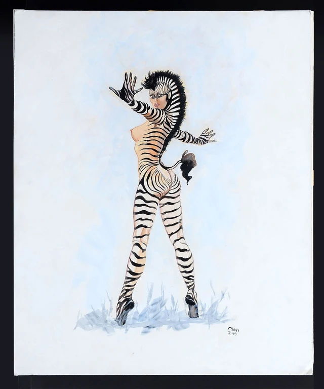 1979 20th_century ancient_art anthro breasts equid equine female fur hair humanoid invalid_background looking_at_viewer mammal nipples nude olivia_de_berardinis painting_(artwork) solo traditional_media_(artwork) watercolor_(artwork) zebra