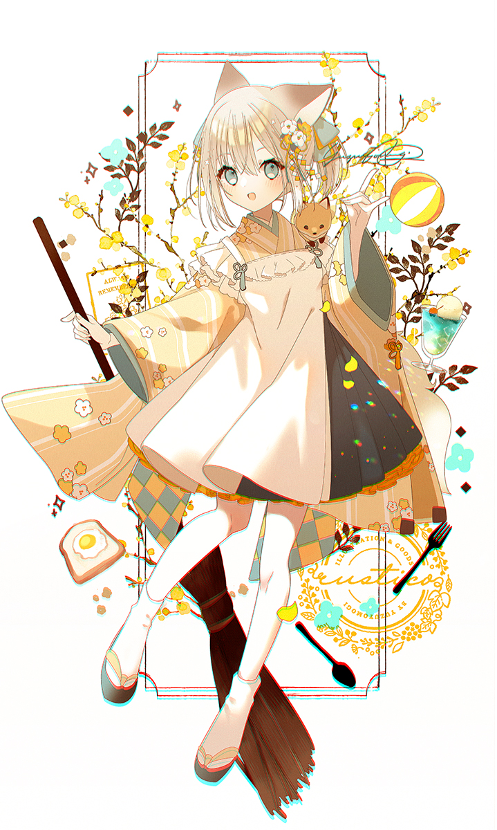 1girl :d animal_ears apron ball black_footwear black_skirt blue_bow blue_eyes blush bow broom brown_hair brown_kimono commentary_request cup drink drinking_glass food fork fox_ears fox_shadow_puppet fried_egg frilled_apron frills full_body hair_between_eyes hair_bow hand_up highres holding holding_broom japanese_clothes kimono long_sleeves looking_at_viewer original pleated_skirt short_twintails simple_background skirt smile socks solo spoon tabi temari_ball toast twintails white_apron white_background white_socks wide_sleeves yuzuyomogi zouri