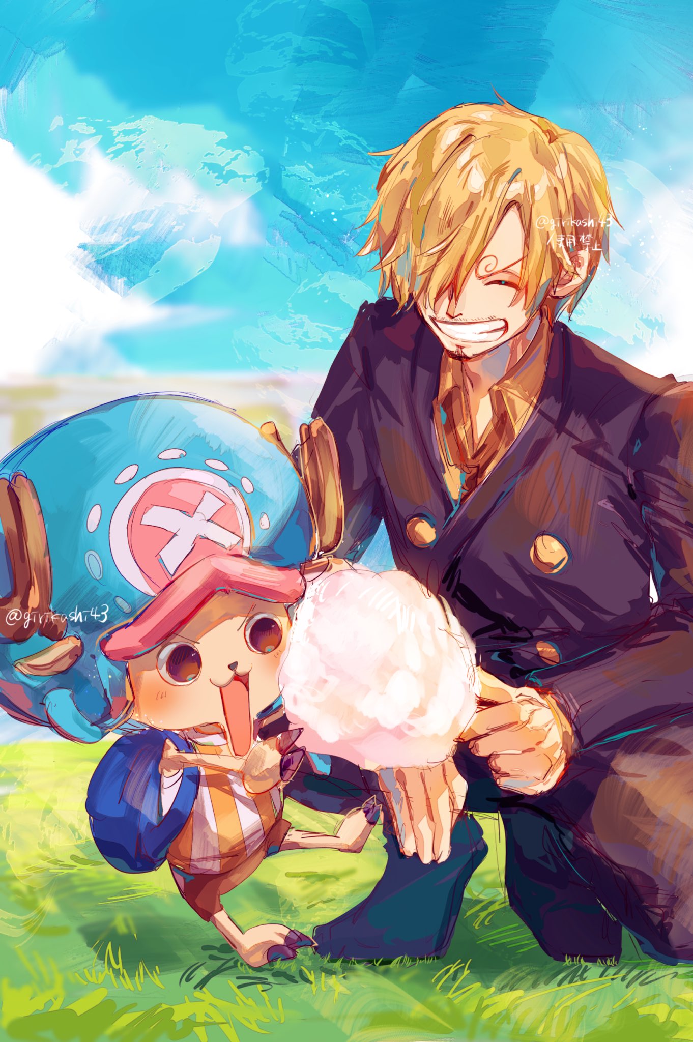 2boys :d artist_name backpack bag blonde_hair blue_bag blue_sky closed_eyes cloud commentary_request cotton_candy girikashi43 hair_over_one_eye highres kneeling male_focus multiple_boys on_grass one_piece sanji_(one_piece) short_hair sky smile standing teeth tony_tony_chopper v-shaped_eyebrows