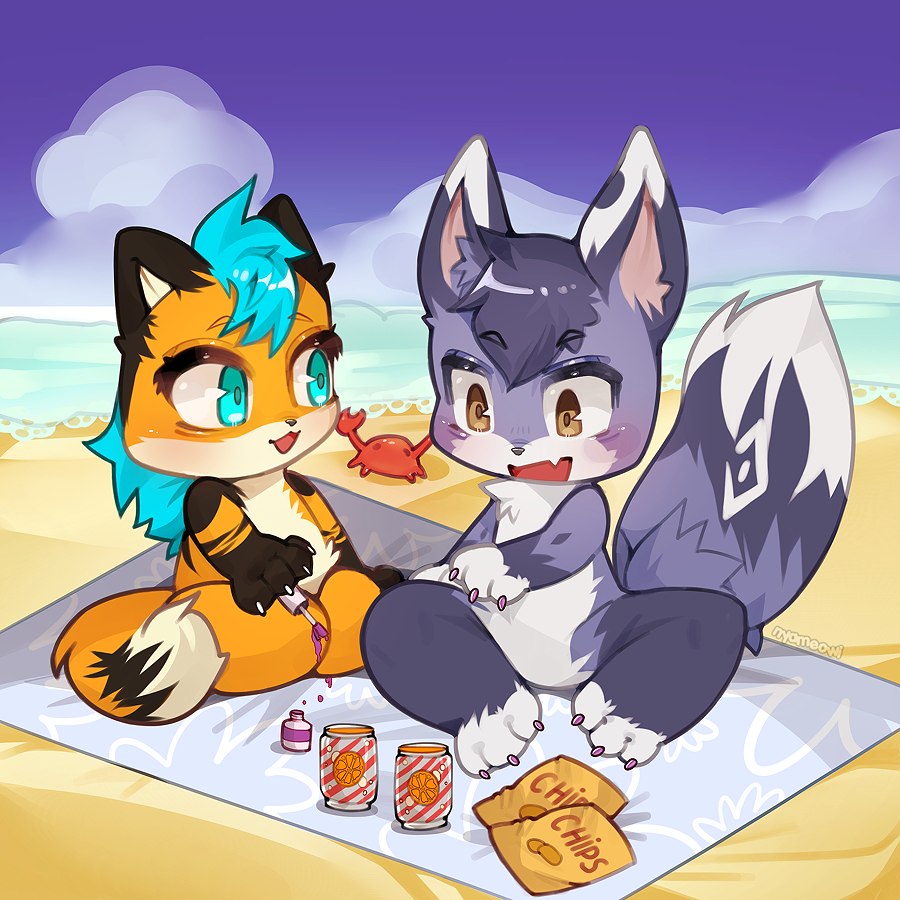 arthropod beach beverage_can blue_eyes blue_hair blush brown_eyes camira_(schattenflamme) canid canine chibi chips_(food) colored_nails crab crustacean decapoda duo female fennec food fox girly hair malacostracan male mammal marine nails nyameowi open_mouth seaside sky towel yaku_(yakushishi)