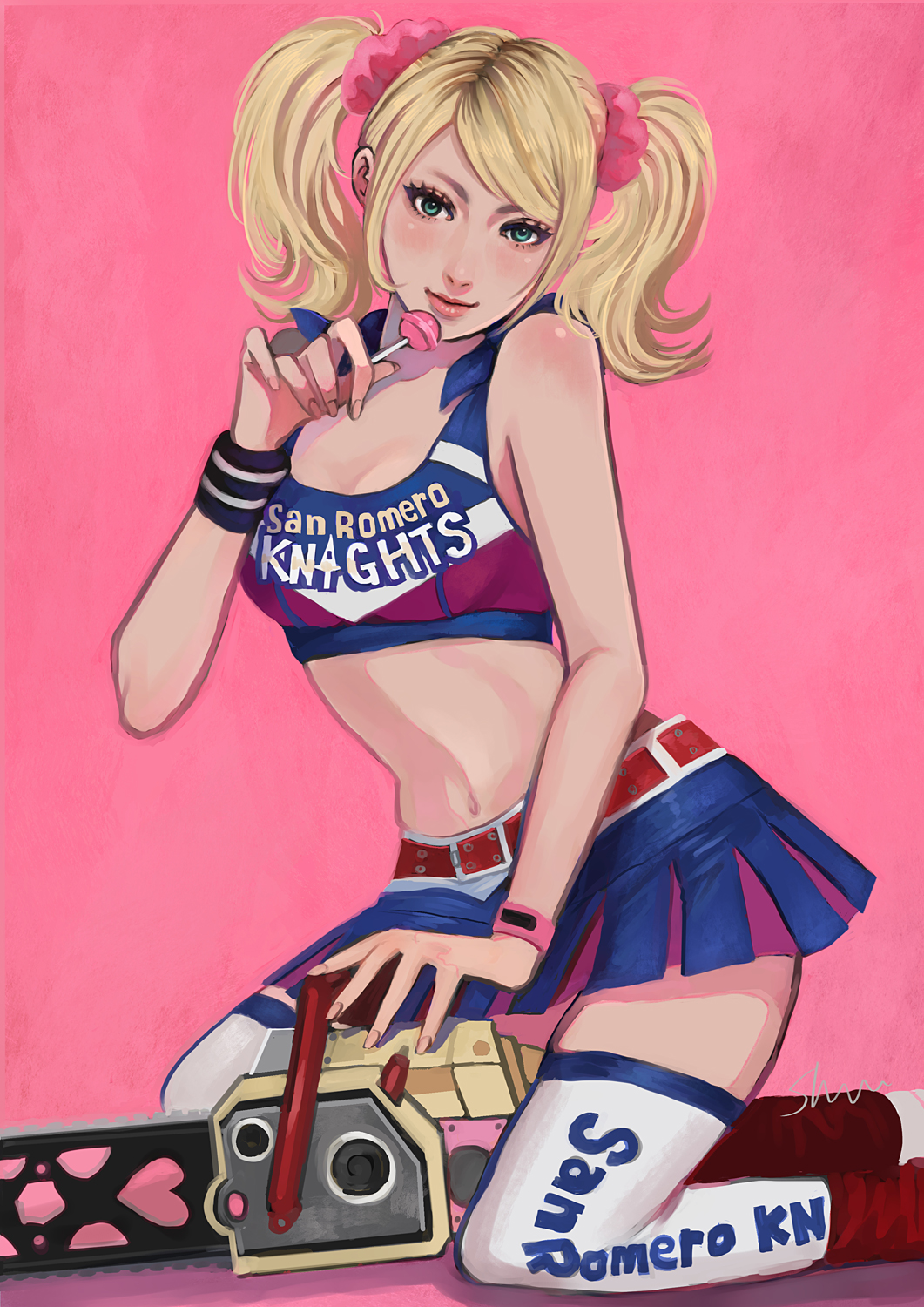 1girl belt blonde_hair blue_eyes candy chainsaw cheerleader closed_mouth crop_top eyelashes feet_out_of_frame fingernails food hair_ornament hair_scrunchie highres holding holding_candy holding_food holding_lollipop juliet_starling kneeling lipgloss lollipop lollipop_chainsaw midriff pink_background red_belt scrunchie shuu_(272100) skirt smile solo thighhighs twintails watch white_thighhighs wristband wristwatch