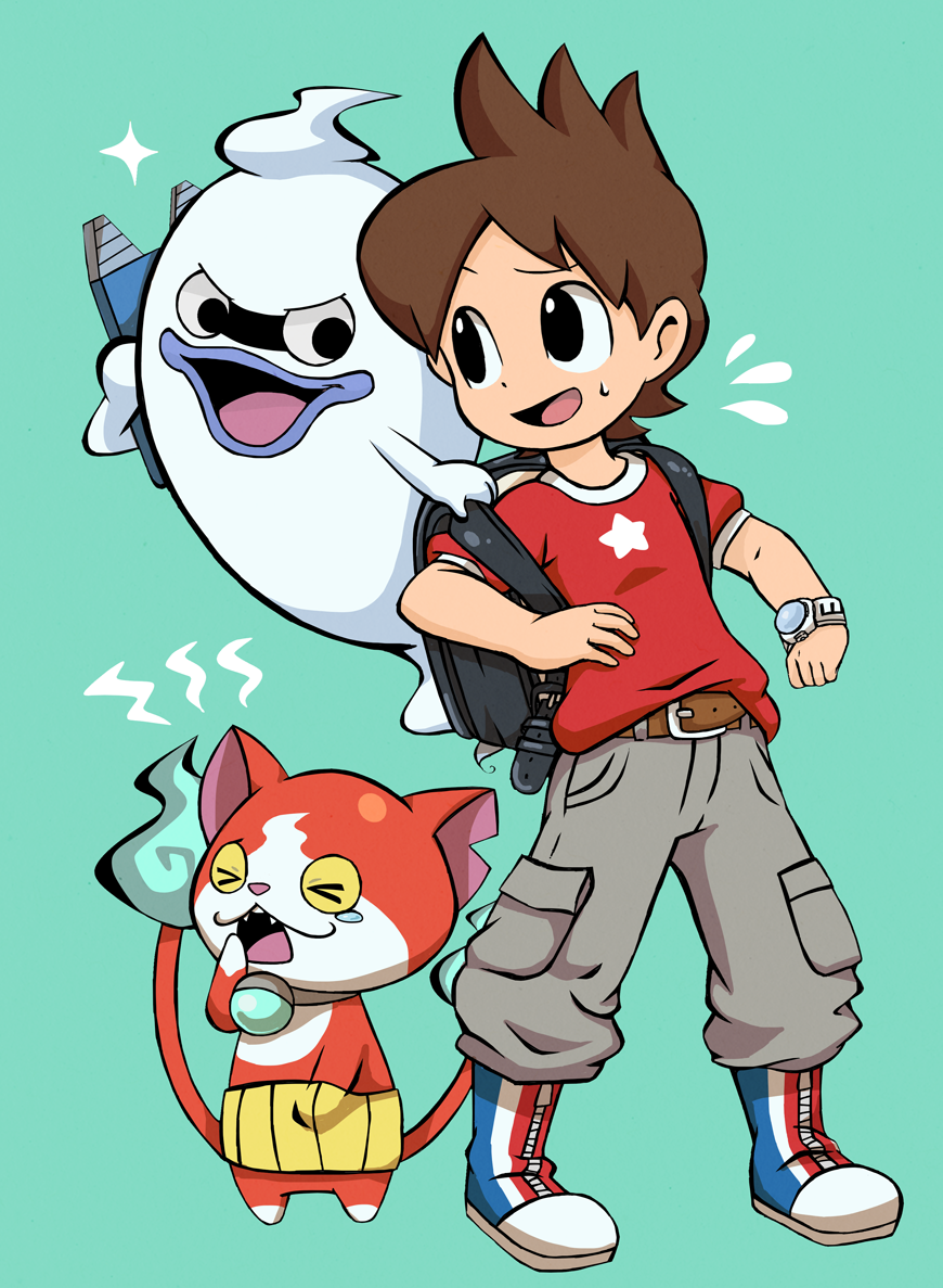 1boy amano_keita backpack bag belt black_bag black_eyes brown_belt brown_hair fangs full_body ghost green_background grey_pants hand_on_another's_shoulder jibanyan male_focus nonana_(mikudrop) open_mouth pants red_shirt shirt star_(symbol) star_print sweatdrop tears watch whisper_(youkai_watch) yawning youkai_watch youkai_watch_(object)