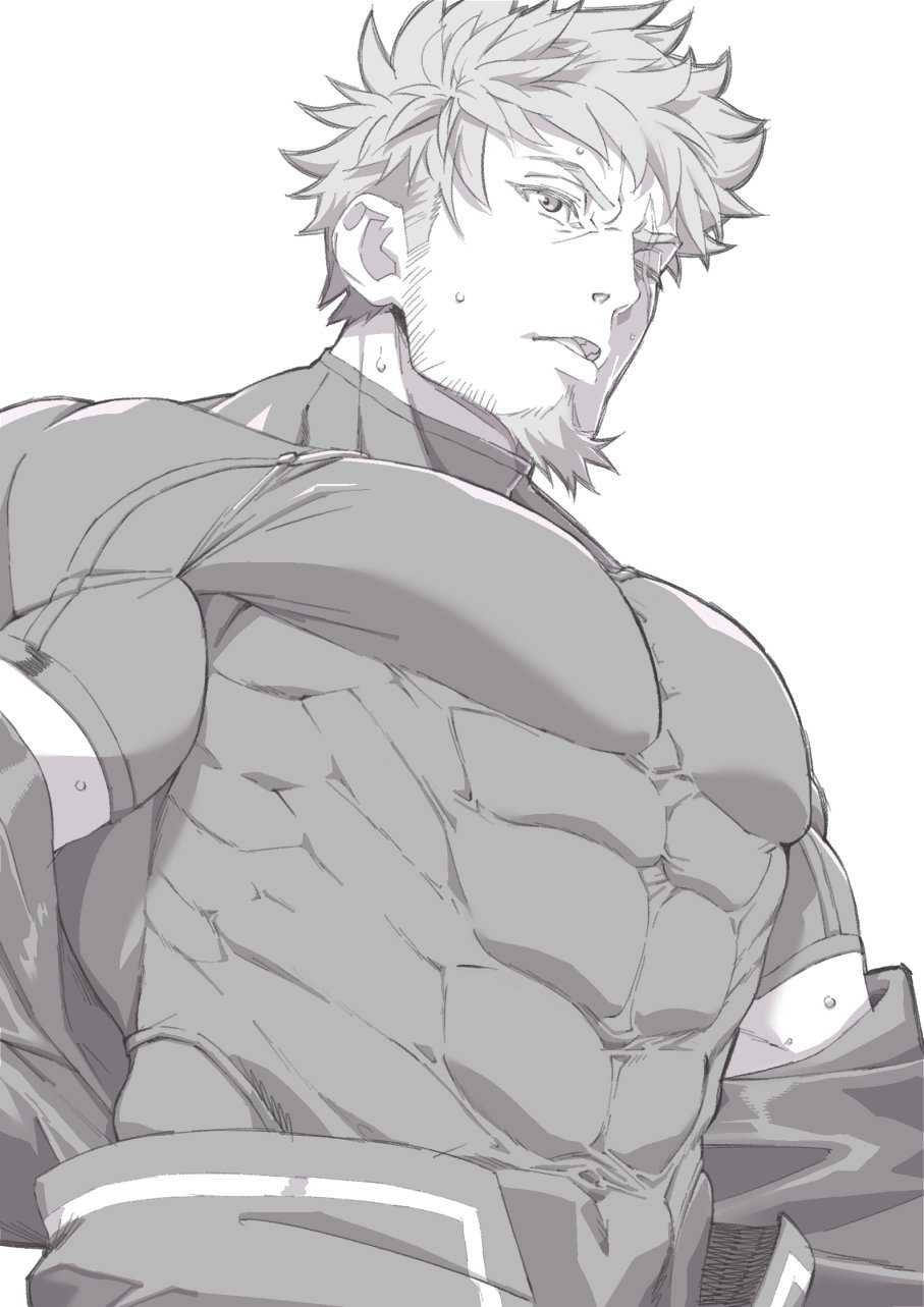 1boy aged_up bara covered_abs covered_navel facial_hair from_below from_side goatee greyscale highres impossible_clothes large_pectorals long_sideburns looking_away male_focus mature_male monochrome muscular muscular_male official_alternate_costume open_mouth pectorals rex_(xenoblade) scar scar_across_eye shirt short_hair sideburns solo stubble sweat sweatdrop taut_clothes taut_shirt thick_eyebrows undressing upper_body xenoblade_chronicles_(series) xenoblade_chronicles_3 xenoblade_chronicles_3:_future_redeemed zakuro_(za96o)