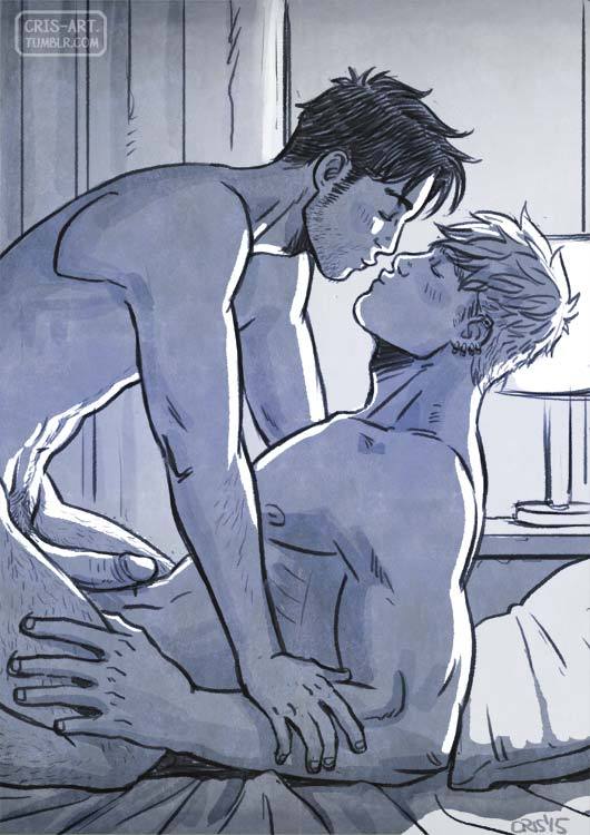 2boys bad_id bad_tumblr_id bara bedroom black_hair blonde_hair blush_stickers completely_nude couple cowgirl_position cris_art erection from_side hand_on_another's_arm hulkling imminent_kiss leg_hair long_sideburns male_focus marvel multiple_boys muscular muscular_male nipples nude on_bed pectorals short_hair sideburns sideburns_stubble sparse_stubble straddling thick_eyebrows toned toned_male upright_straddle wiccan yaoi