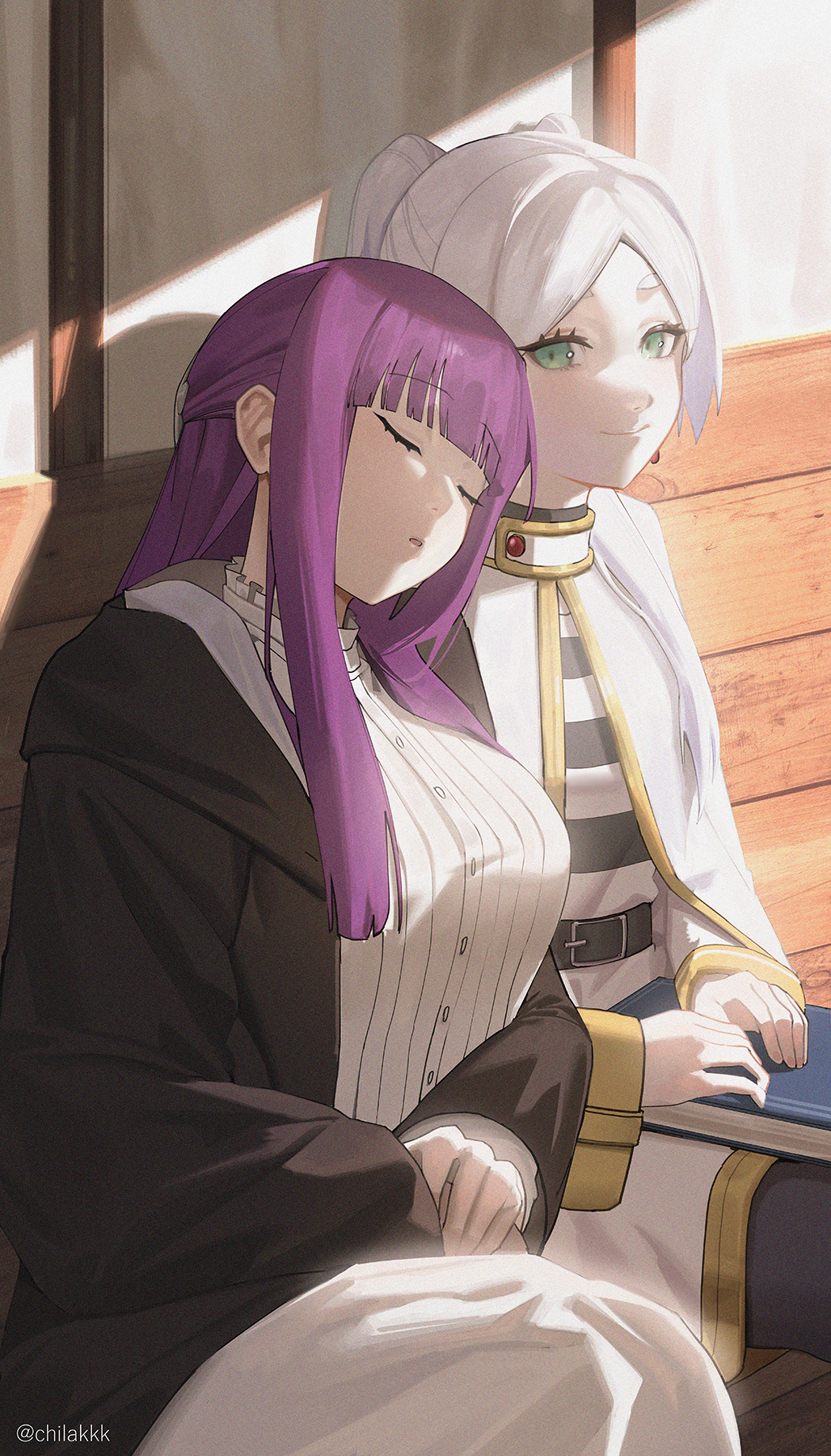 2girls belt black_belt black_cloak blunt_bangs book breasts capelet carriage chilakkk cloak closed_eyes collar dress fern_(sousou_no_frieren) frieren frilled_collar frills green_eyes hair_pulled_back half_updo highres large_breasts long_hair looking_to_the_side multiple_girls pantyhose pointy_ears purple_hair sidelocks sitting sleeping sleeping_on_person sleeping_upright smile sousou_no_frieren straight_hair twintails white_capelet white_dress white_hair