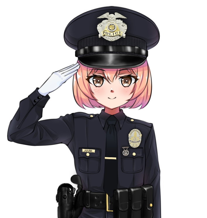 1girl badge belt black_belt black_headwear black_necktie black_shirt bob_cut breast_pocket brown_eyes character_name closed_mouth commentary english_commentary gloves gun hand_up handgun hat jizi long_sleeves los_angeles_police_department name_tag necktie original peaked_cap pink_hair pocket police police_badge police_hat police_uniform policewoman salute shirt smile solo transparent_background uniform united_states upper_body utility_belt weapon white_gloves