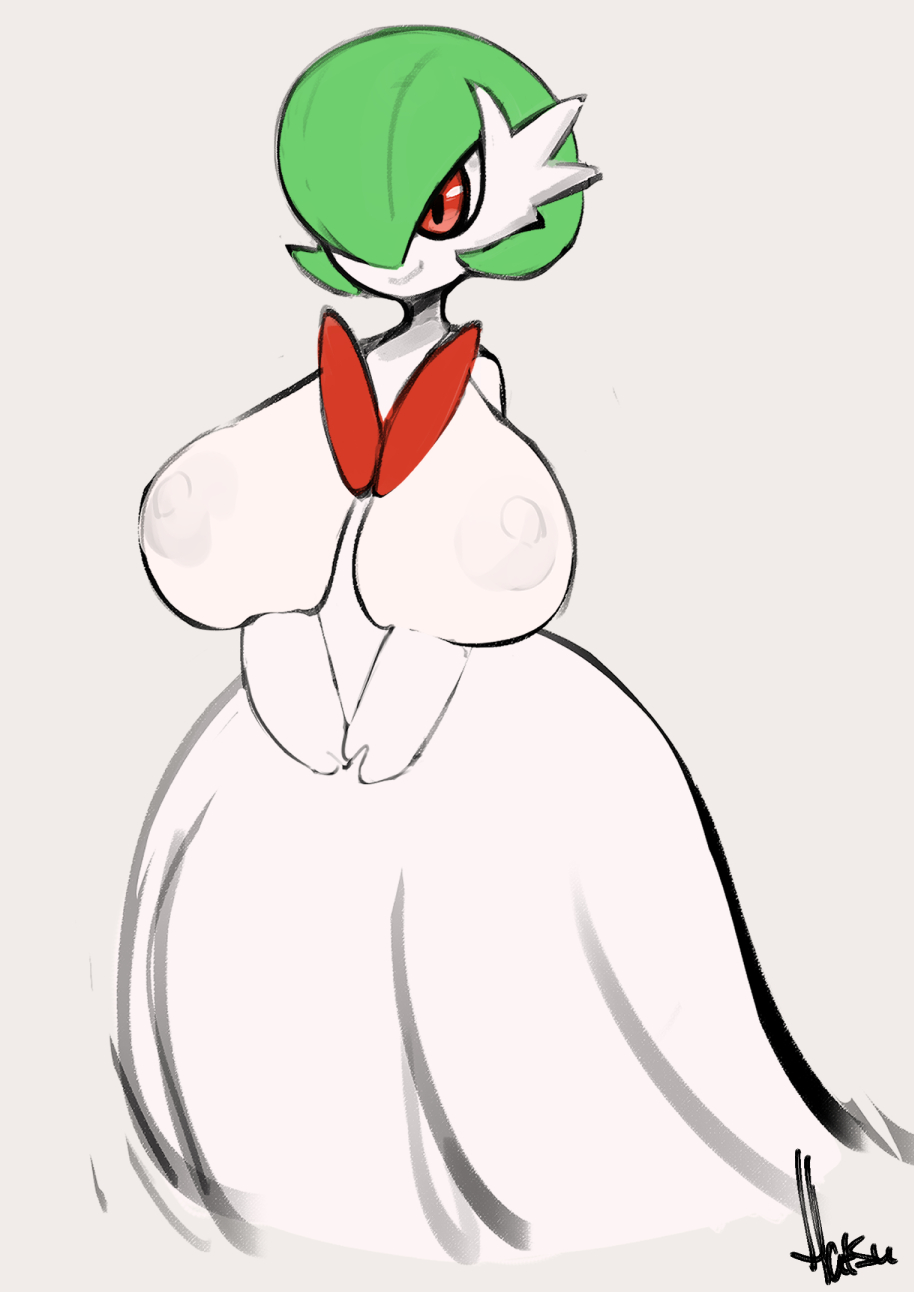 2023 areola big_areola big_breasts big_nipples breasts chest_spike female green_hair hair hatsumiilkshake hi_res huge_areola huge_breasts huge_nipples humanoid mega_evolution mega_gardevoir nintendo nipples not_furry pokemon pokemon_(species) red_eyes simple_background smile solo spikes spikes_(anatomy) white_body wide_hips