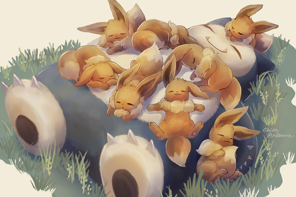 claws closed_eyes commentary eevee fangs fangs_out grass lying momomo12 no_humans on_back open_mouth pokemon pokemon_(creature) signature sleeping smile snorlax