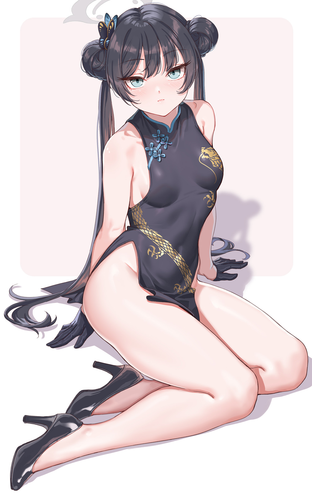bare_arms bare_legs bare_shoulders black_dress black_gloves black_hair blue_archive breasts butterfly_hair_ornament china_dress chinese_clothes commentary_request double_bun dragon_print dress fangxiang_cuoluan gloves grey_eyes hair_bun hair_ornament halo high_heels highres impossible_clothes impossible_dress kisaki_(blue_archive) long_hair looking_at_viewer pelvic_curtain print_dress sitting sleeveless sleeveless_dress small_breasts solo twintails