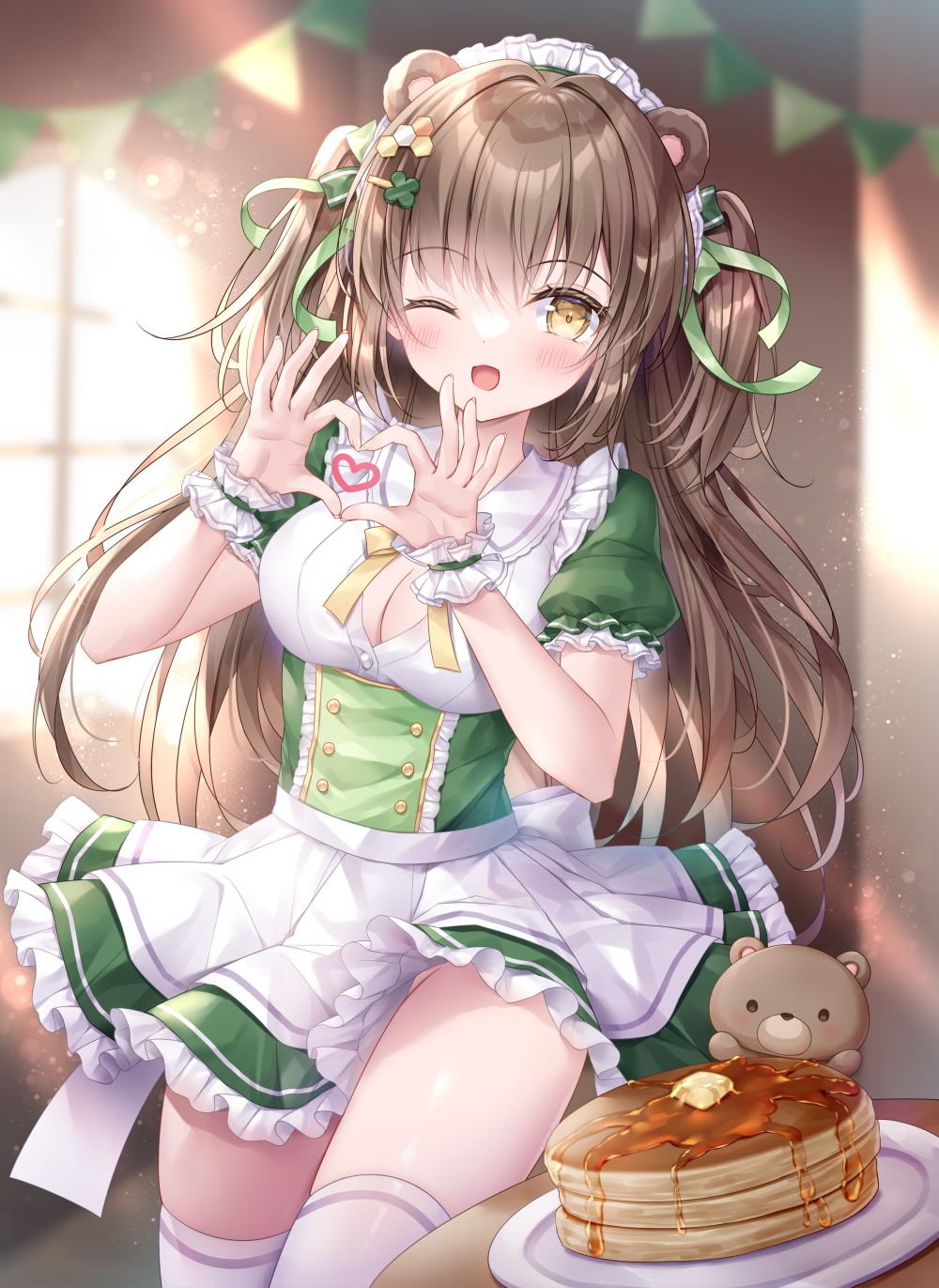 1girl ;d animal_ears apron bear_ears blurry blurry_background blush bow breasts brown_eyes brown_hair cleavage cleavage_cutout clothing_cutout clover_hair_ornament collared_shirt commentary_request day depth_of_field dress dress_shirt food four-leaf_clover_hair_ornament frilled_dress frills green_bow green_dress groin hair_bow hair_ornament hairclip hands_up heart heart_hands highres indoors kohinata_hoshimi long_hair looking_at_viewer maid_headdress medium_breasts one_eye_closed original pancake pancake_stack pennant plate puffy_short_sleeves puffy_sleeves shirt short_sleeves smile solo string_of_flags stuffed_animal stuffed_toy sunlight teddy_bear thighhighs two_side_up very_long_hair waist_apron waitress white_apron white_shirt white_thighhighs window yellow_bow