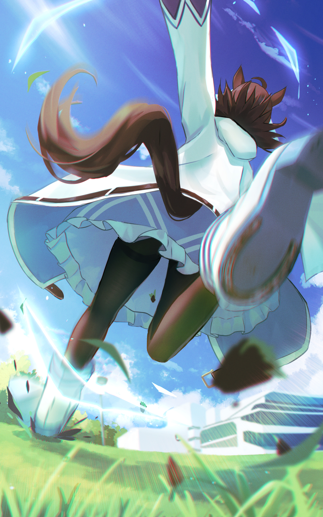 1girl ahoge animal_ears black_hair blurry daring_tact_(umamusume) dirt grass highres horse_ears horse_girl horse_racing_track horse_tail jacket kashmir_0808 leg_up lens_flare pantyhose racetrack running shoes solo tail umamusume