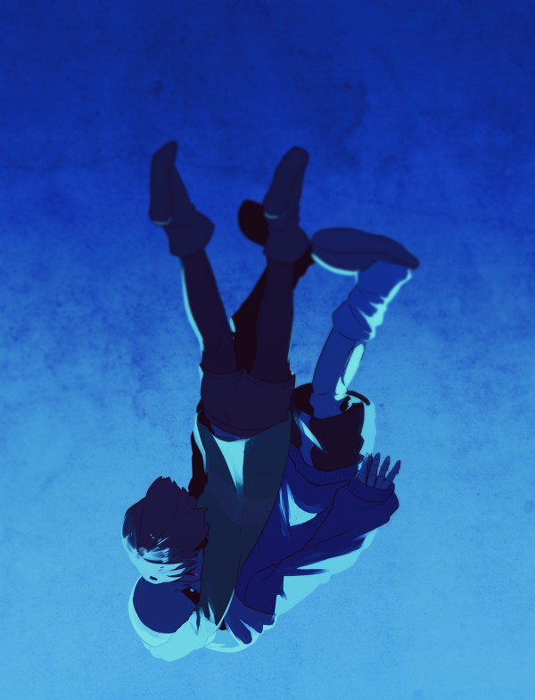 1boy 1other aqua_eyes arms_around_neck arms_at_sides black_sclera black_shorts blue_background blue_hoodie blue_theme boots brown_shorts chara_(undertale) colored_sclera commentary falling full_body glowing glowing_eyes gradient_background green_shirt hood hoodie hug long_sleeves oshiruko_(tsume) red_eyes sans shirt shorts single_horizontal_stripe skeleton slippers socks undertale upside-down white_socks