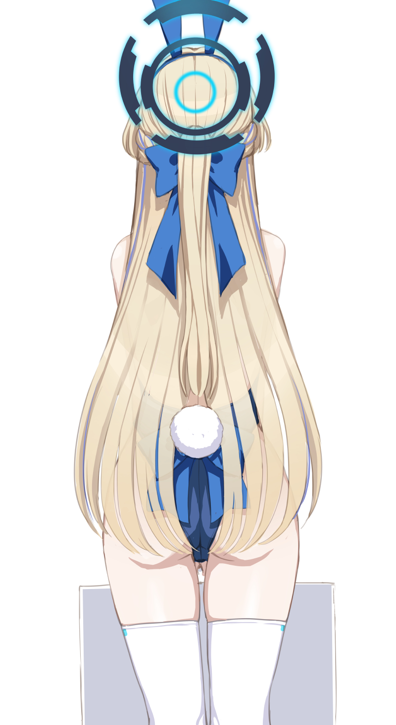 1girl animal_ears ass bare_shoulders blonde_hair blue_archive blue_leotard bow cowboy_shot fake_animal_ears fake_tail from_behind hair_bow hair_ribbon hairblow halo highres kumadano leotard long_hair official_alternate_costume playboy_bunny rabbit_ears rabbit_tail ribbon solo standing tail thighhighs toki_(blue_archive) toki_(bunny)_(blue_archive) very_long_hair white_background white_thighhighs