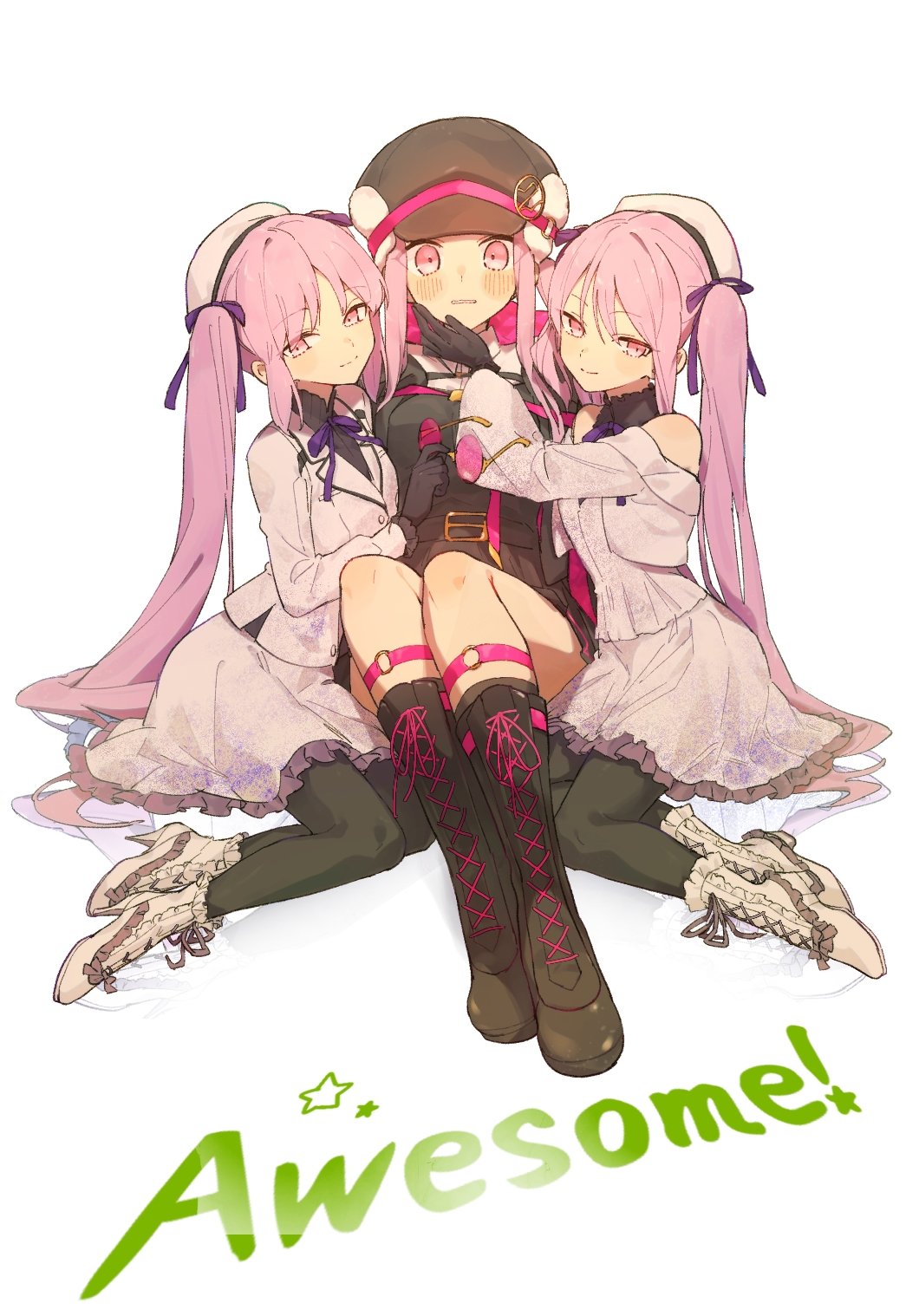 3girls beret black_gloves black_pantyhose blush boots cabbie_hat dress euryale_(fate) eyewear_removed fate/grand_order fate_(series) glasses gloves hat highres holding holding_removed_eyewear kabutomushi_s long_hair medusa_(fate) medusa_(saber)_(fate) multiple_girls pantyhose purple-tinted_eyewear purple_eyes purple_hair siblings sisters smile stheno_(fate) tinted_eyewear twintails white_dress