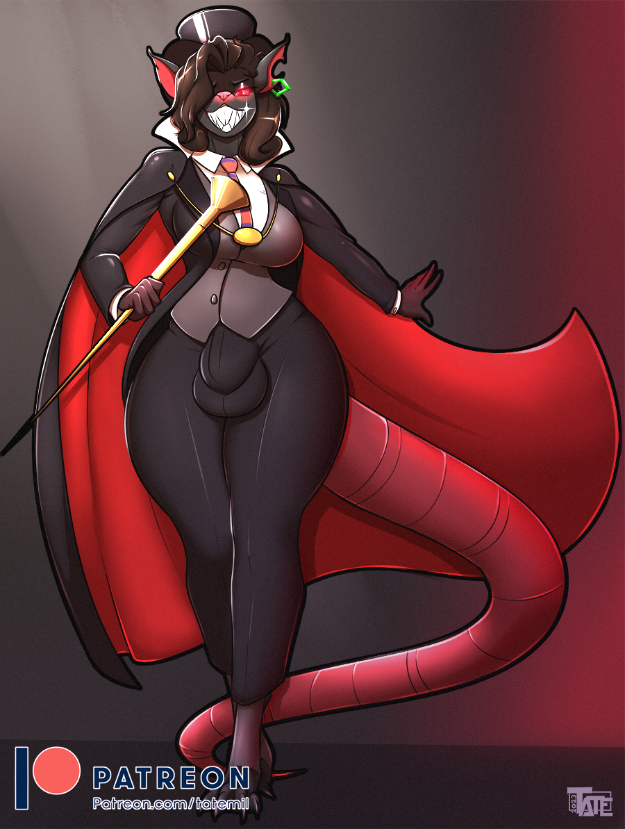 anthro black_clothing brown_hair bulge cape clothing cosplay disney ear_piercing ear_ring hair mammal murid murine necktie notched_ear piercing pink_tail professor_ratigan rat red_eyes ring_piercing rodent smile smirk tail tatemil the_great_mouse_detective
