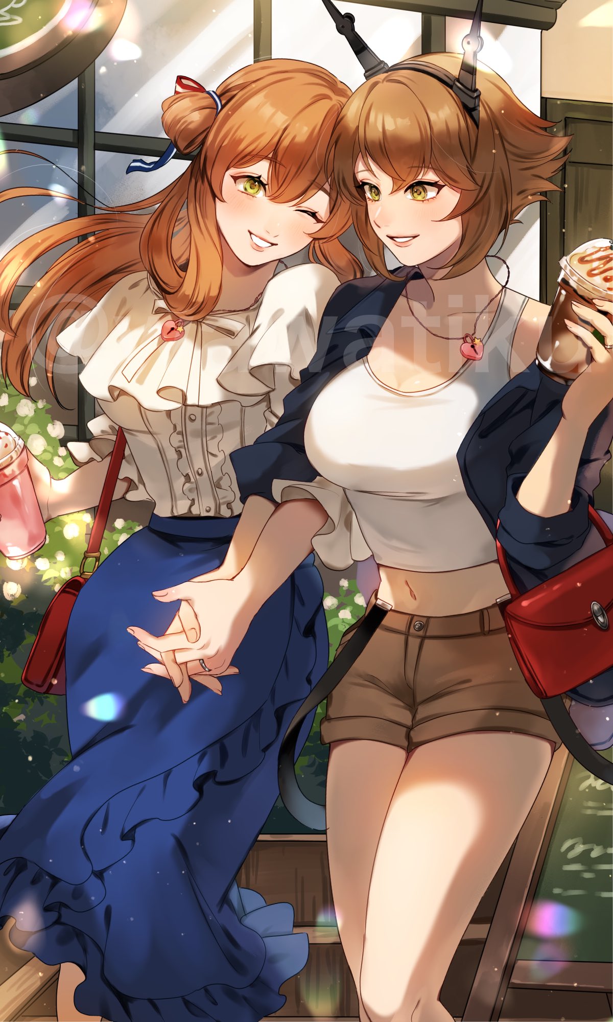 2girls bag blue_skirt breasts brown_hair brown_shorts collarbone commentary commission cup disposable_cup english_commentary feet_out_of_frame frappuccino frilled_shirt frills girls'_frontline green_eyes handbag headgear heart-shaped_lock heart_lock_(kantai_collection) highres holding holding_cup holding_hands jacket jewelry kantai_collection large_breasts locket long_hair looking_at_another midriff multiple_girls mutsu_(kancolle) navel one_eye_closed open_clothes open_jacket pendant ring shirt short_hair shorts skirt smile springfield_(girls'_frontline) tank_top twitter_username watermark wawatiku wedding_ring white_shirt white_tank_top yuri