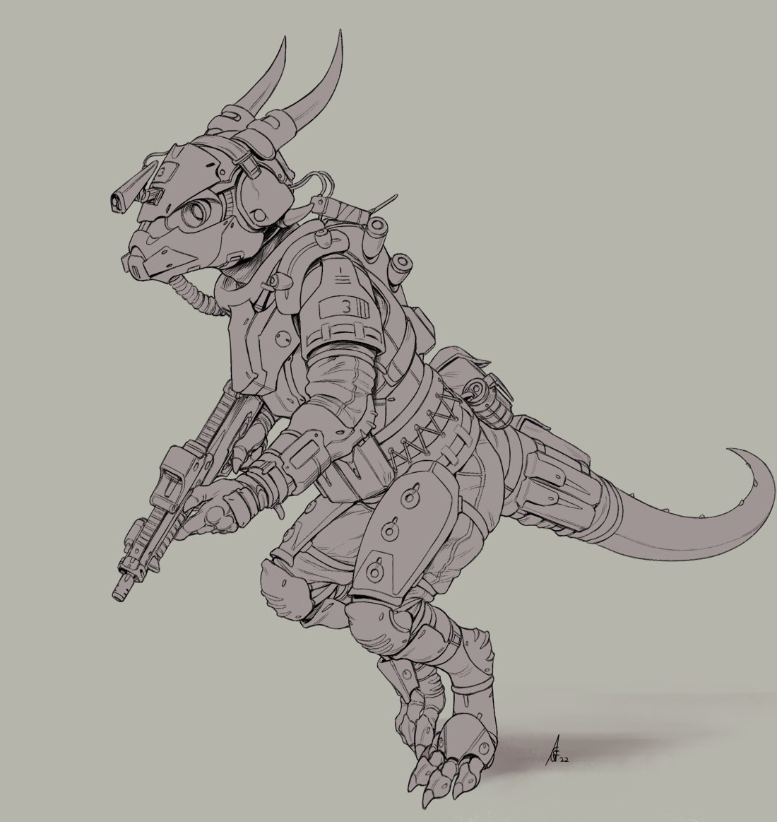 ambiguous_gender anthro armor claws crestfallenartist digitigrade explosives grenade gun headphones horn kobold mask ranged_weapon scalie simple_background solo tactical_gear weapon