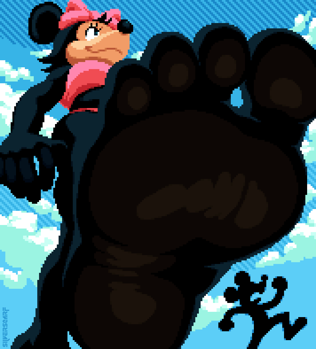 2023 4_toes accessory anthro black_body black_fur bow_ribbon cloudscape digital_media_(artwork) disney extreme_size_difference feet female foot_focus fur hair_accessory hair_bow hair_ribbon humanoid_feet imminent_stomp larger_female low-angle_view male mammal mickey_mouse micro minnie_mouse mouse murid murine pixel_(artwork) plantigrade ribbons rodent silverscarf size_difference sky smaller_male soles toes unaware