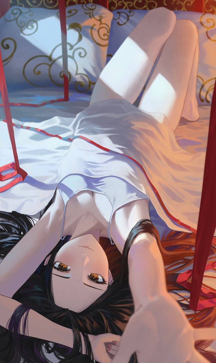 1girl armpits bare_arms black_hair blanket blurry blurry_background blurry_foreground breasts brown_eyes camisole character_request cleavage commentary_request depth_of_field forehead foreshortening hara_kenshi higawari_naishitsu highres knees_up legs long_hair looking_at_viewer lying medium_breasts on_back on_bed outstretched_arm pillow red_ribbon ribbon smile solo under_covers white_camisole