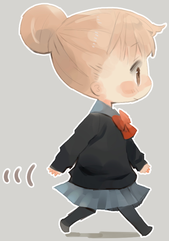 1girl black_shirt black_socks blonde_hair blush_stickers bow brown_eyes chibi grey_background grey_skirt hair_bun kicho_(muzao) long_sleeves original profile red_bow shirt skirt socks solo walking