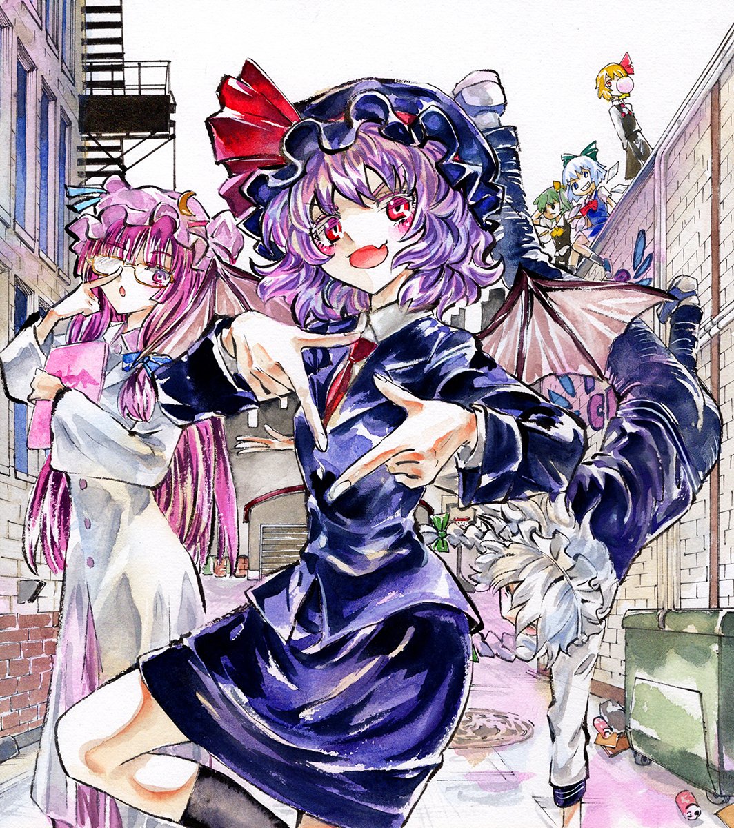 6+girls alley alternate_costume bat_wings cirno colored_pencil_(medium) daiyousei dress highres izayoi_sakuya kabaji long_dress miniskirt multiple_girls patchouli_knowledge pencil_skirt purple_hair remilia_scarlet rumia skirt skirt_suit sky smile suit tagme touhou traditional_media trash white_sky wings