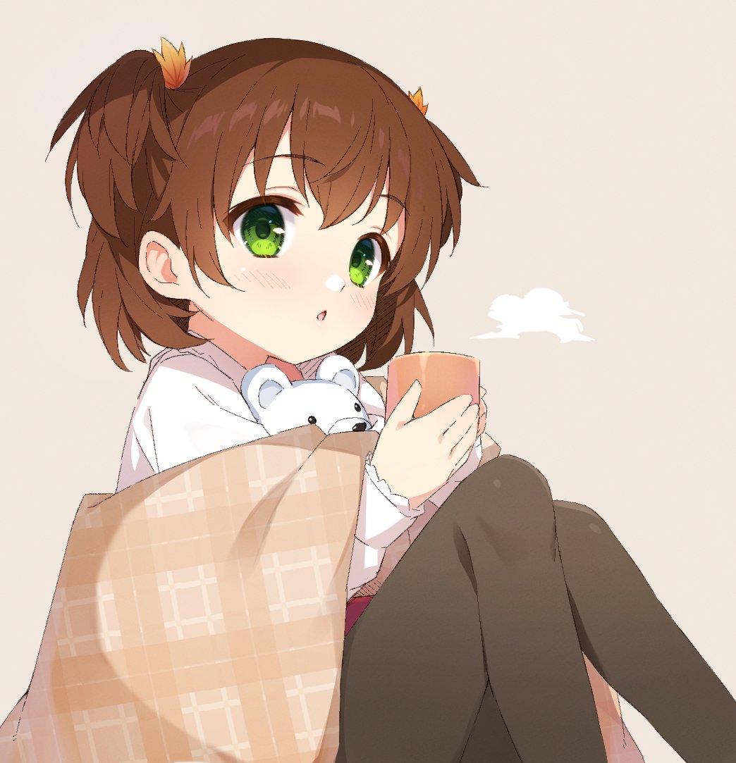 1girl autumn_leaves black_pantyhose blush brown_background brown_hair brown_shawl chestnut_mouth cofetaru commentary cup eyelashes feet_out_of_frame gin'iro_haruka green_eyes hair_ornament holding holding_cup knees_up leaf_hair_ornament looking_at_viewer nashiro_momiji open_mouth pantyhose plaid_shawl shawl shirt short_hair simple_background sitting solo spiked_hair steam tareme two_side_up white_shirt