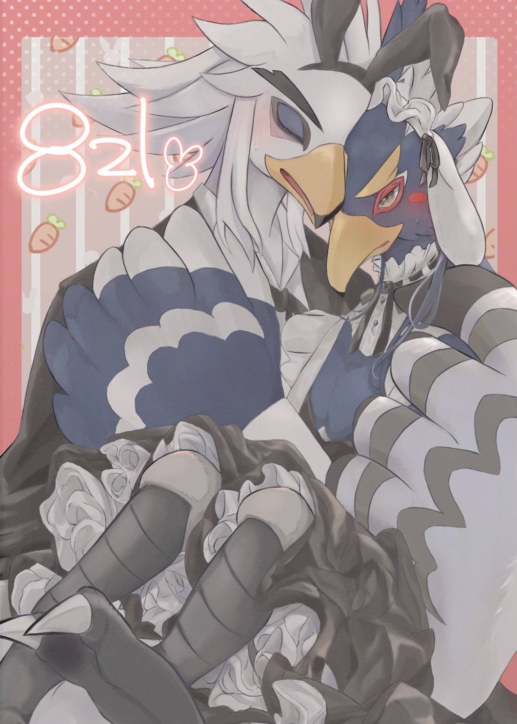 1_zanki anthro avian beak blue_body blue_feathers blush breath_of_the_wild clothed clothing crossdressing cuddling duo eyes_closed feathers green_eyes hi_res maid_headdress maid_uniform male male/male nintendo revali rito teba_(tloz) the_legend_of_zelda uniform white_body white_feathers